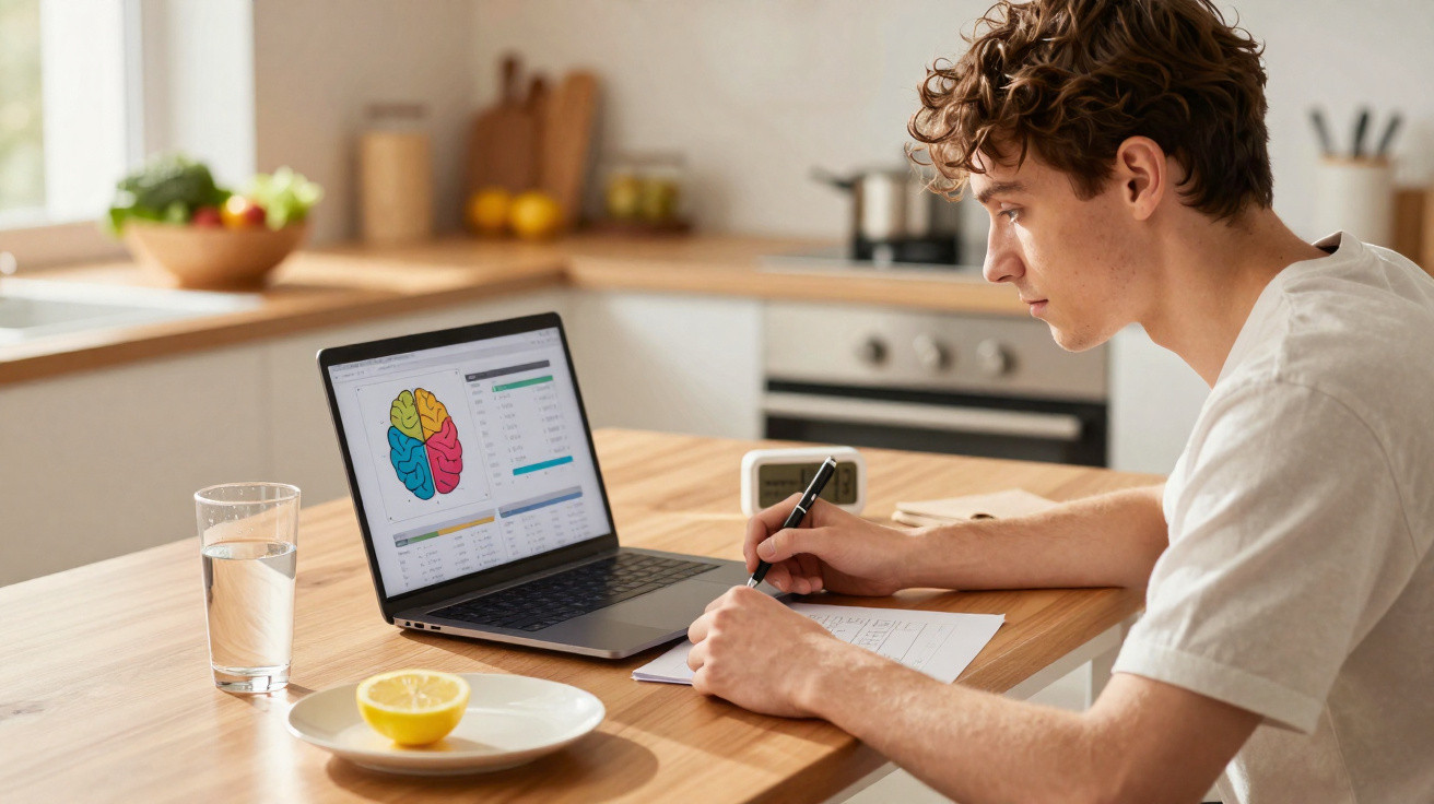 Young man studying brain diagram on laptop, taking notes at kitchen table with glass of water and lemon.