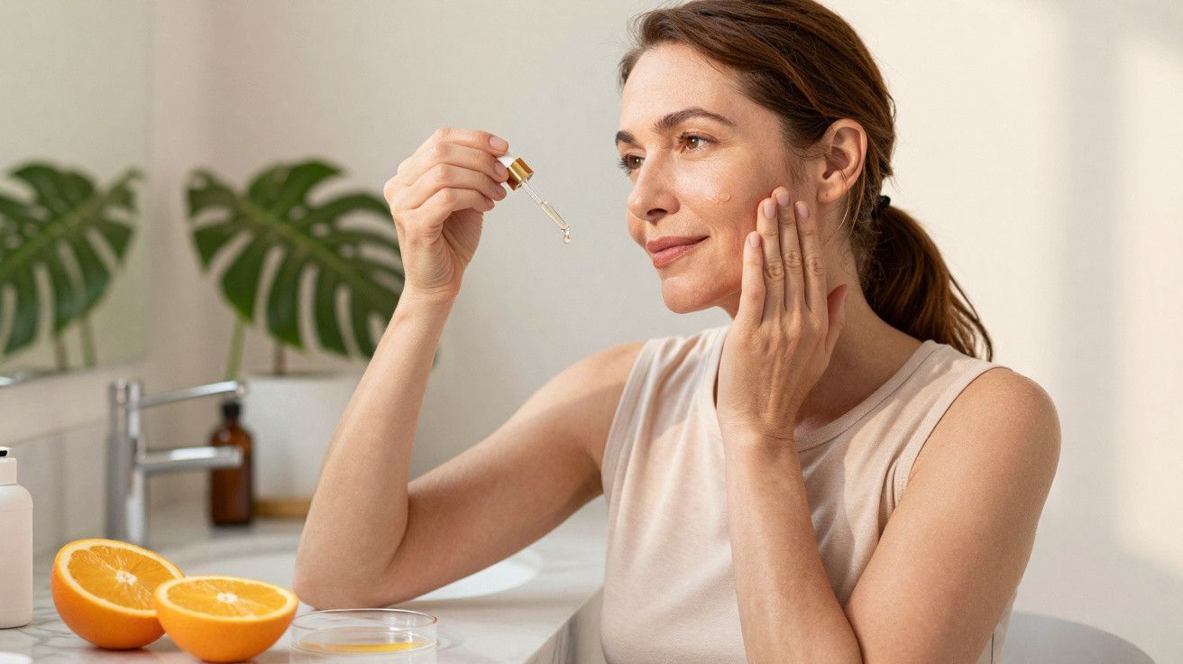 Woman applying facial serum with dropper in a bright bathroom, oranges and skincare products on the counter.