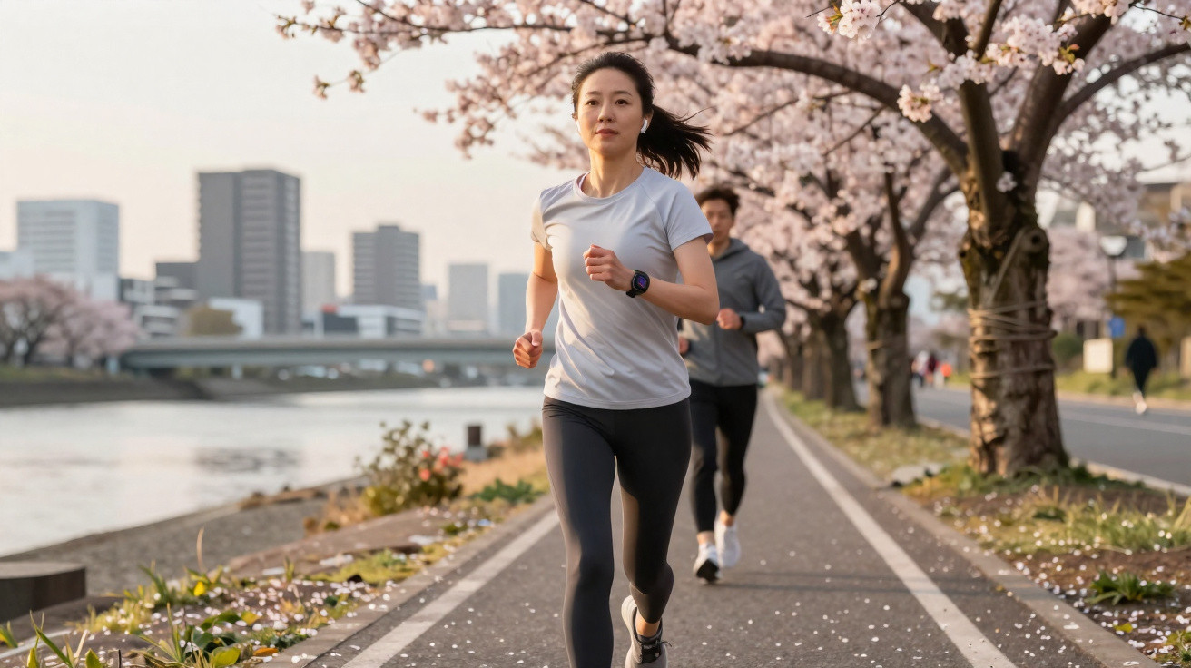 Woman jogging along a riverside path lined with blooming cherry blossom trees in an urban setting.