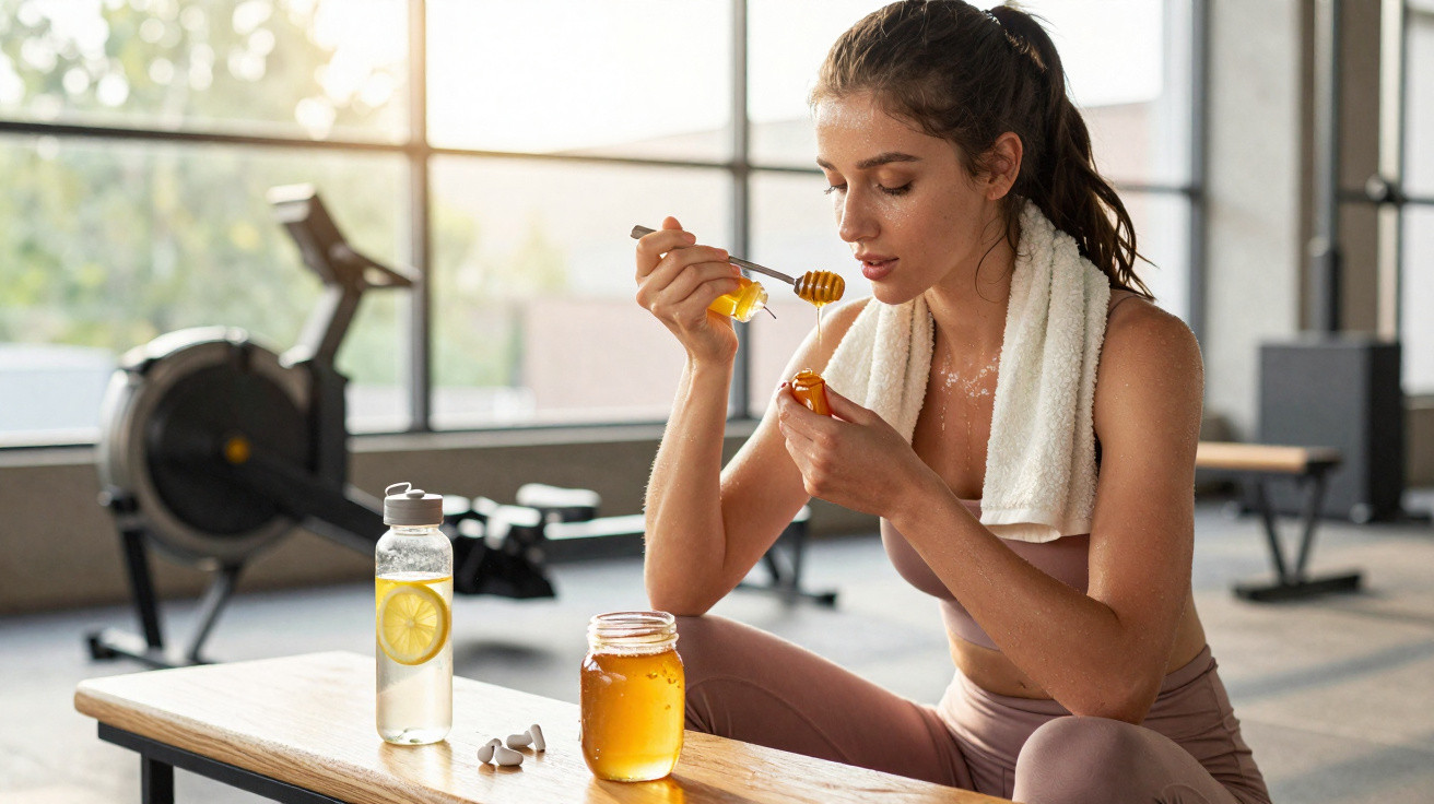 Sweaty woman in gym wear eating honey from a jar, sitting on a bench with water bottle and supplements nearby.