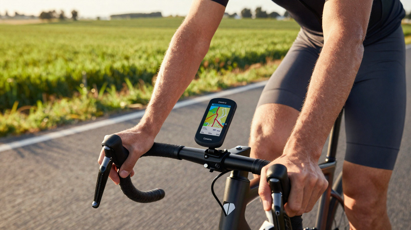 Cyclist holding drop handlebars with a GPS device showing a route, riding on a rural road beside green fields.