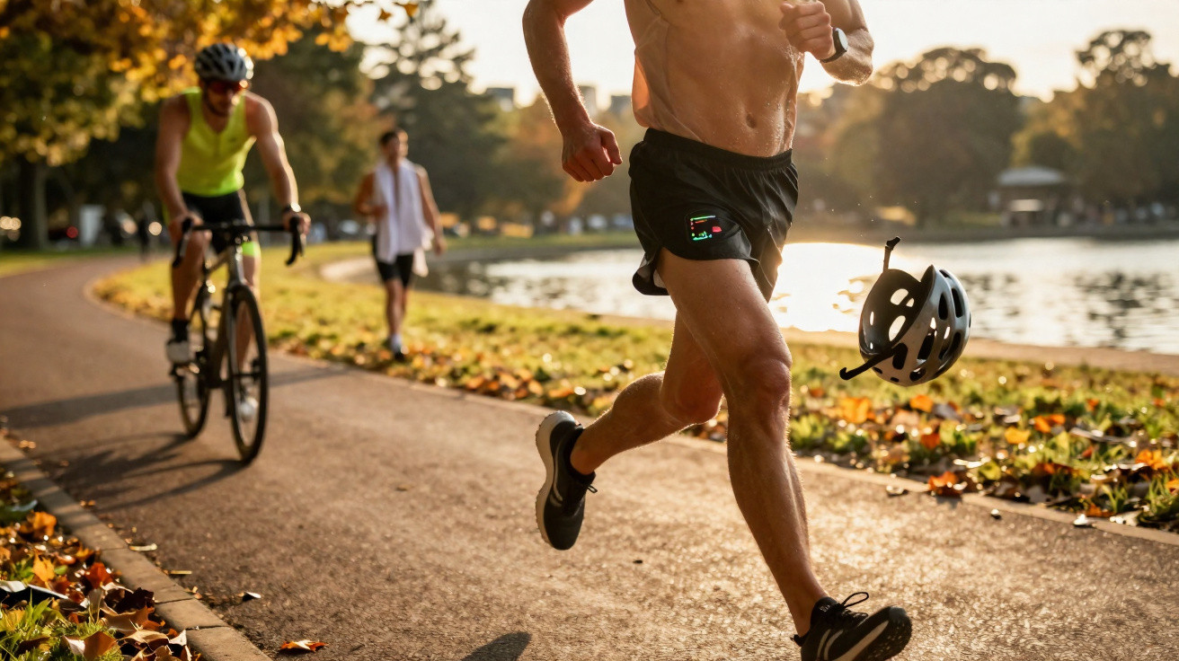 Shirtless man running along a lakeside path, dropping a helmet, with a cyclist and walker in the background.