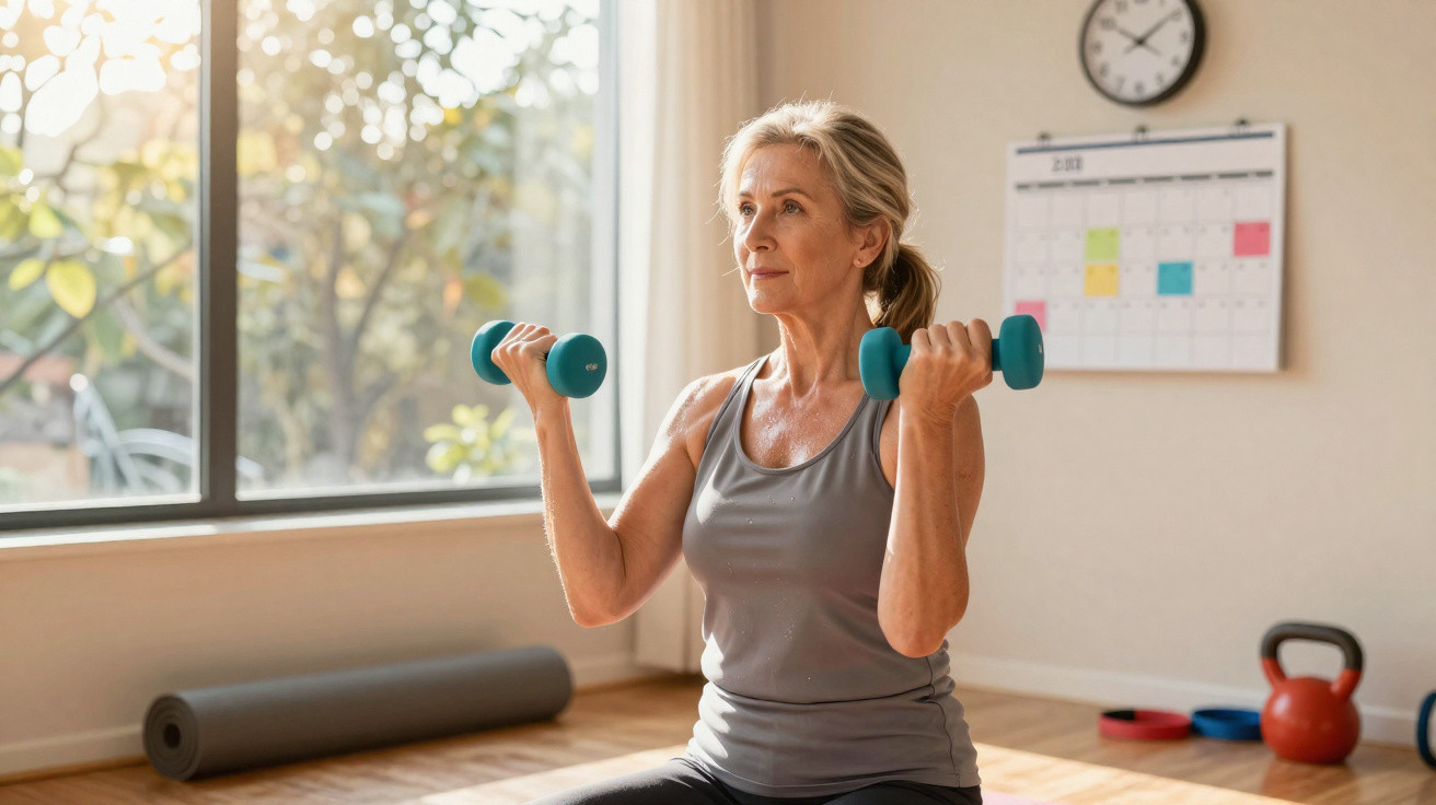Mature woman lifting dumbbells while exercising indoors with yoga mat and kettlebell nearby.