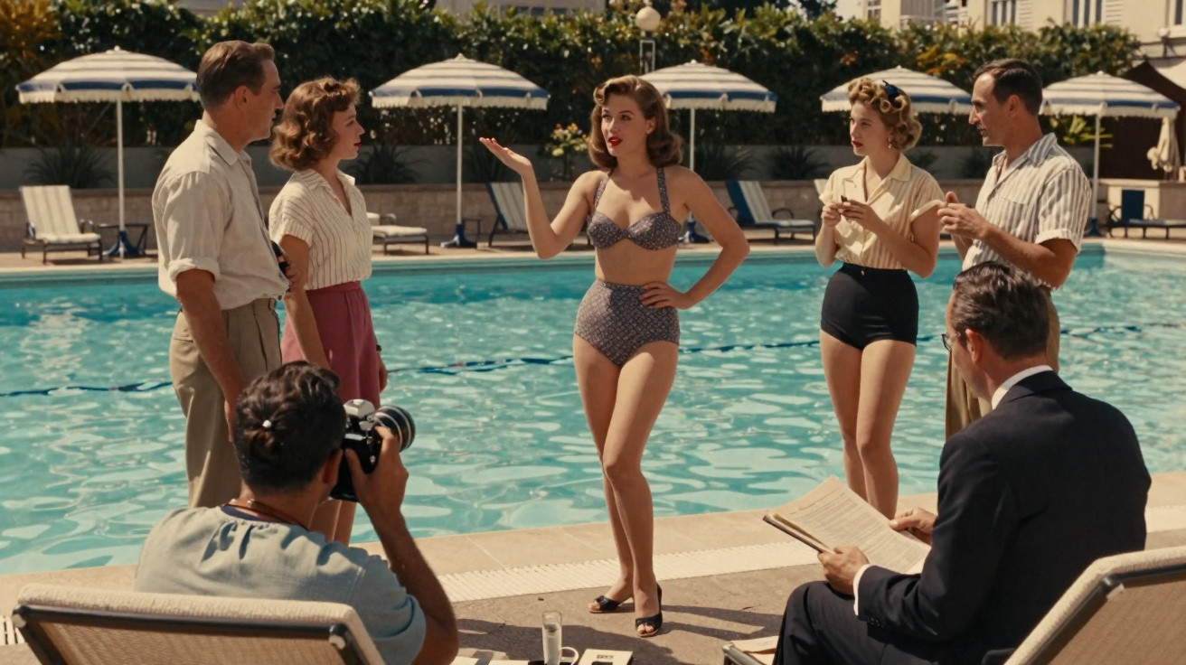 A group of people around a pool watch a woman posing in a vintage bikini as a photographer takes her picture.