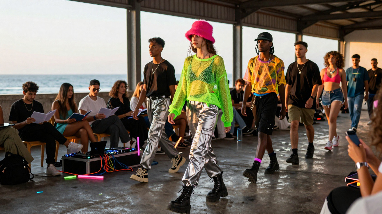 Models walk a runway in colourful urban outfits during a fashion show by the sea at sunset.