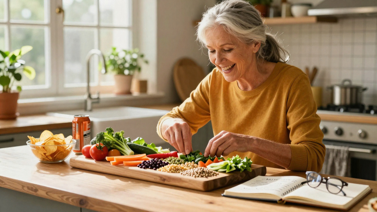 Older woman preparing a healthy vegetable platter at a kitchen counter with an open notebook and glasses nearby.