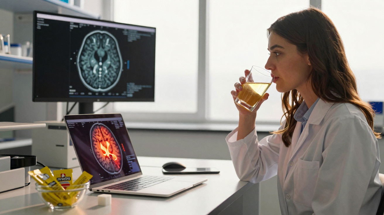 Scientist in lab coat drinking juice while analysing brain scans on computer screens.