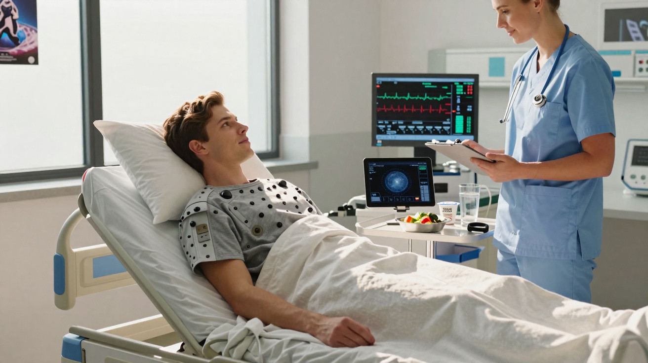 Young male patient in hospital bed wearing heart monitoring sensors while nurse checks notes beside him