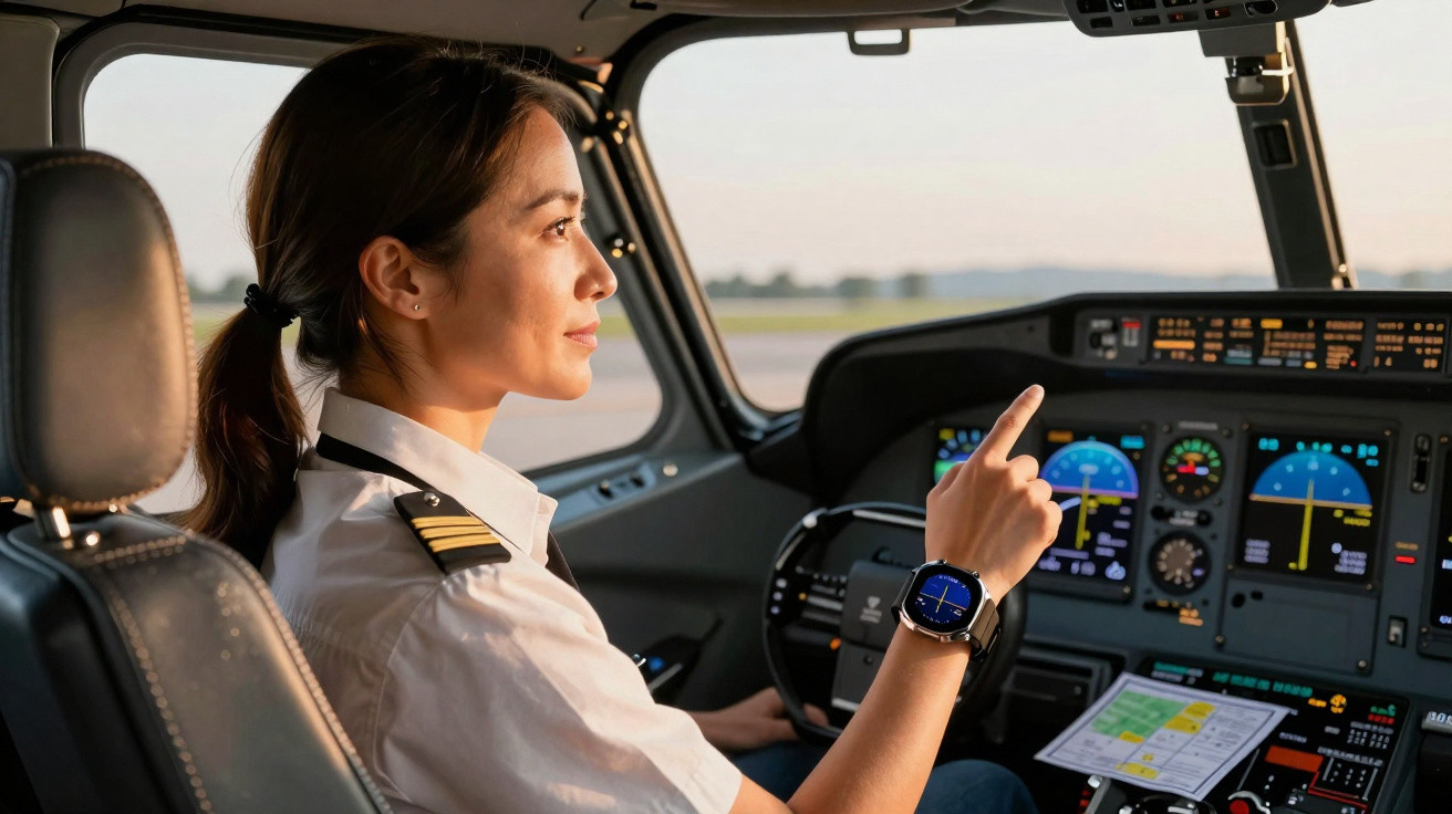 Female pilot in uniform operating an aircraft cockpit with digital controls during daylight.