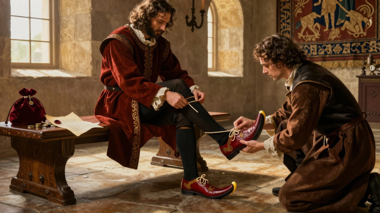 A man in Renaissance clothing sits on a bench while another kneels to tie his ornate shoe in a stone room.