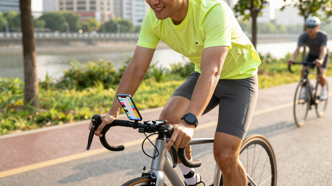 Man in bright yellow shirt riding a road bike on a city path with smartphone mounted on the handlebars.