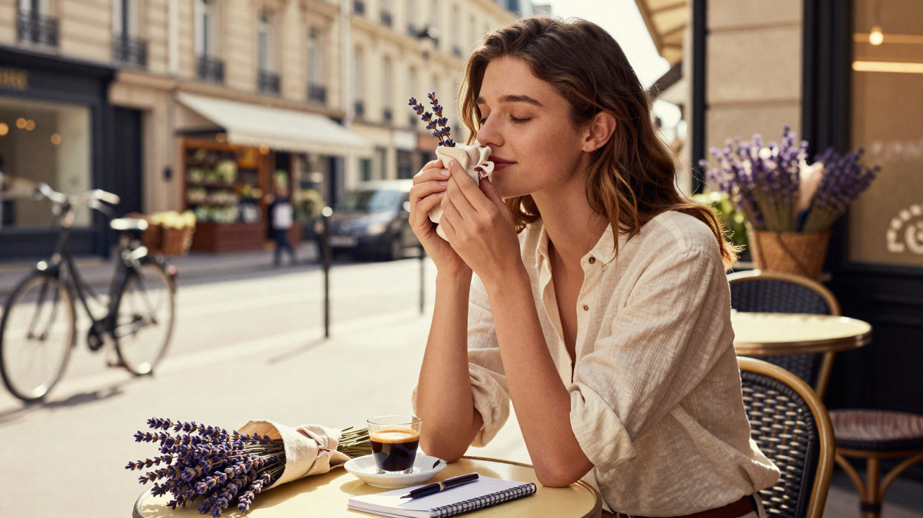 Woman smelling a small bouquet of lavender at a café table with coffee, notebook, and pen on a city street.