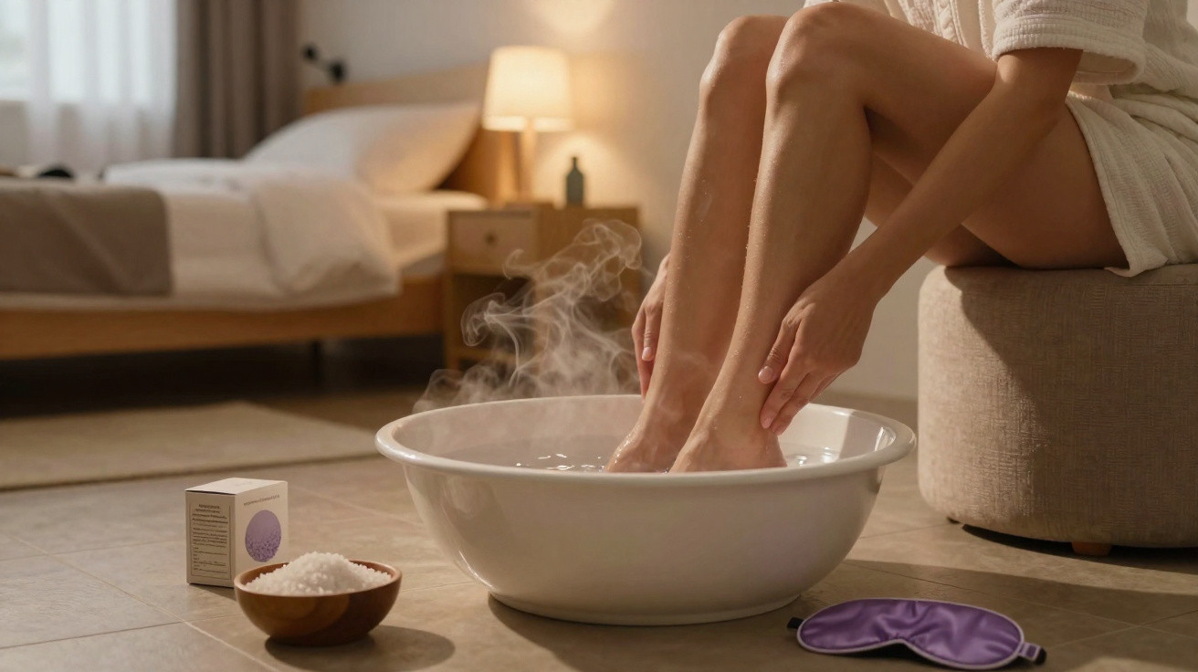 Person soaking feet in a steaming basin with bath salts and a sleep mask nearby in a cosy bedroom.