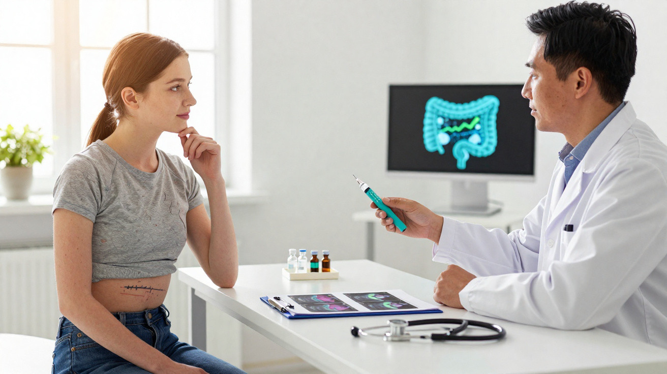 Doctor explaining digestive health to a young woman with a large surgical scar on her abdomen.