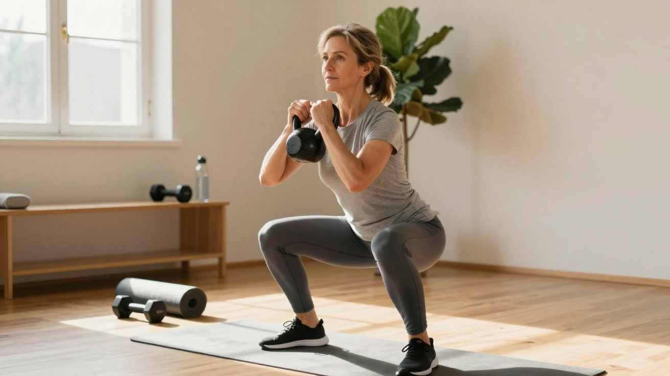 Woman exercising with a kettlebell performing a squat on a yoga mat in a bright, minimal living room.