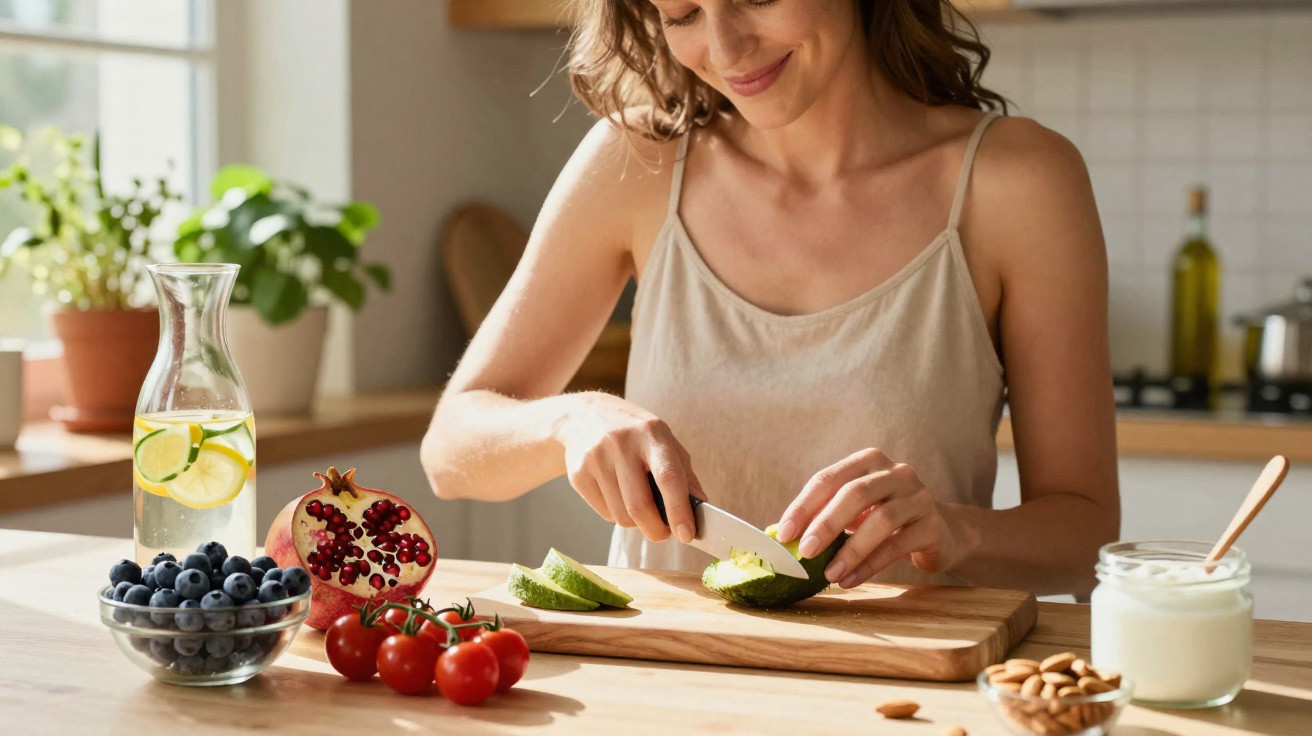 Woman slicing avocado on a wooden board with fresh fruit, nuts, and lemon water on the kitchen table.