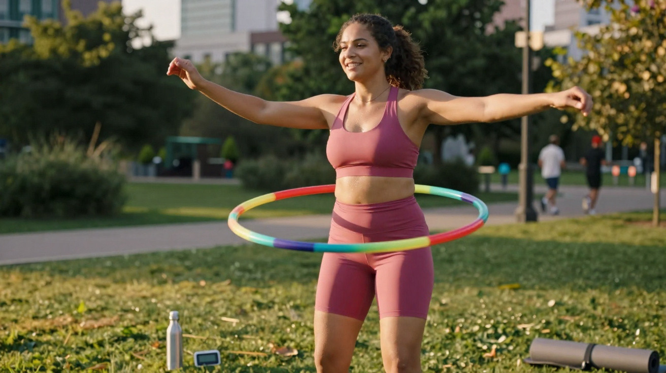 Woman in pink sportswear hula hooping in a city park with trees and buildings in the background.