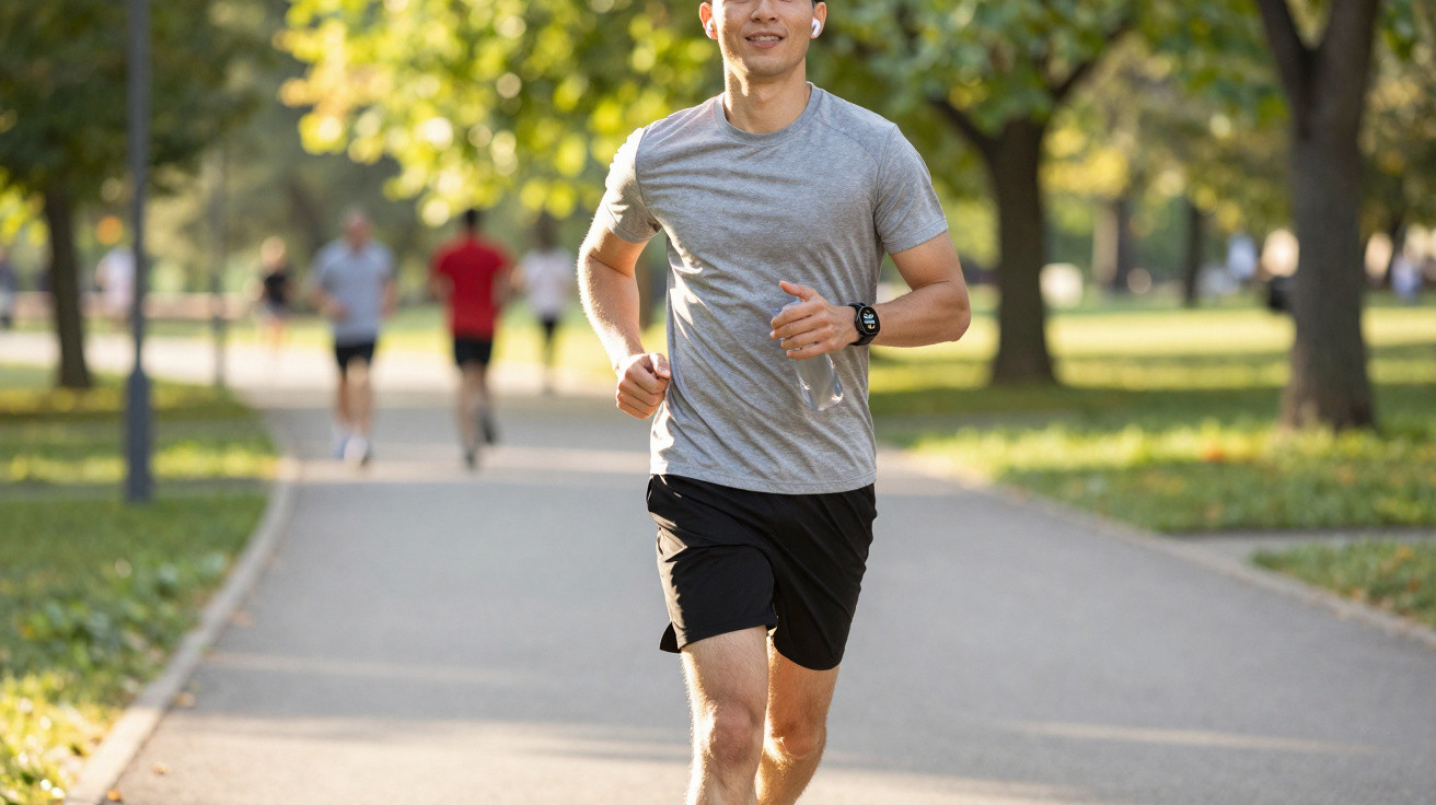 Man jogging on a paved path in a sunlit park with trees and other runners in the background