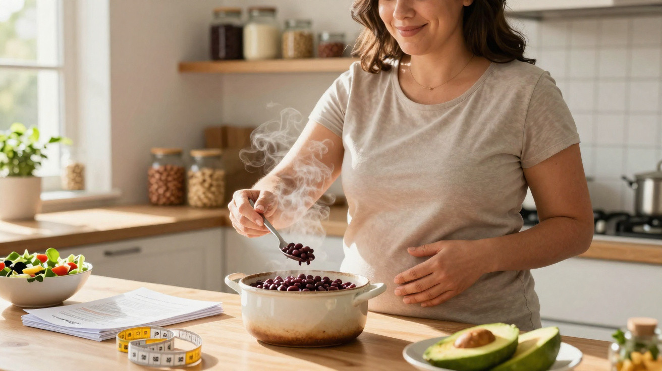 Woman stirring steaming beans in a pot in a bright kitchen with avocado and salad on the counter.