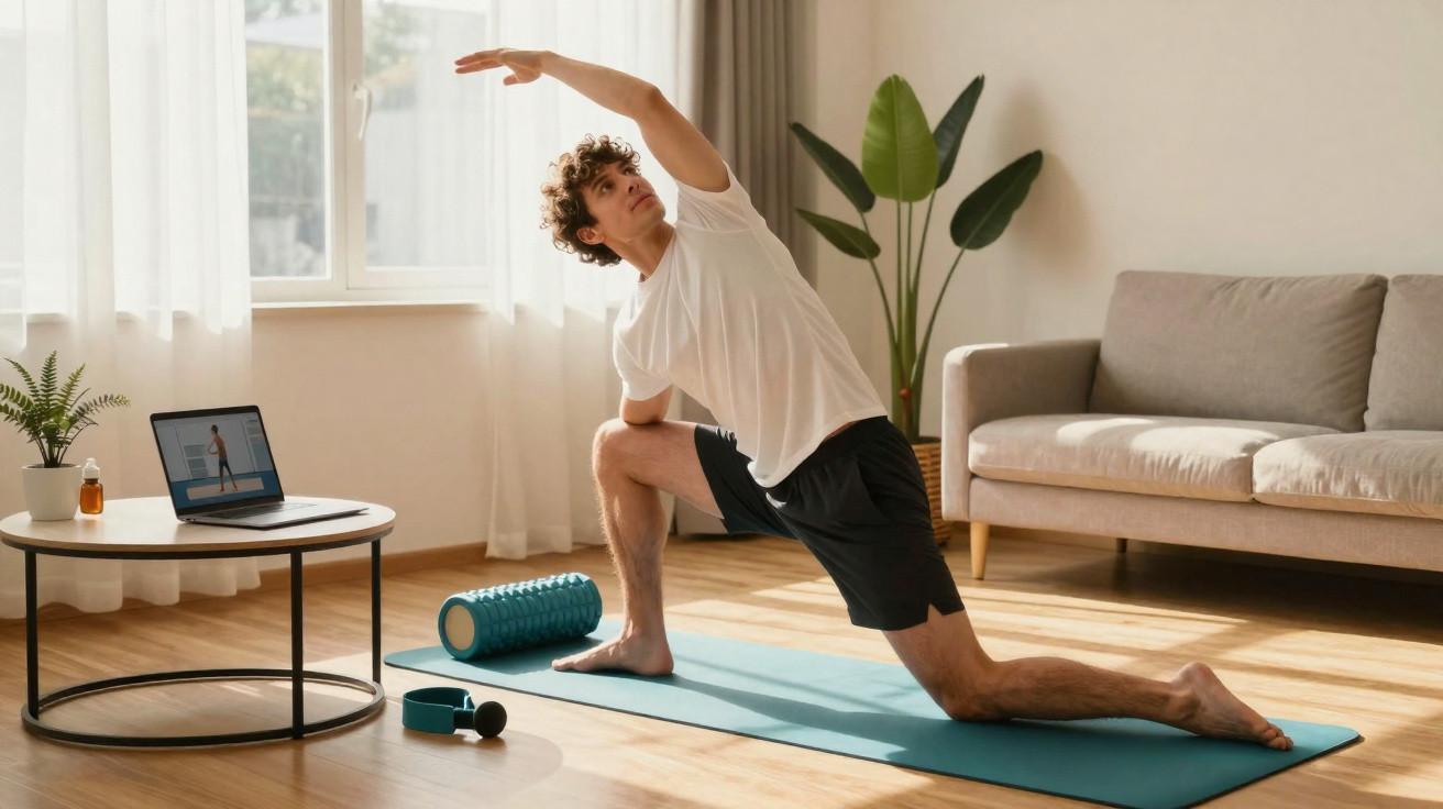 Young man in white t-shirt doing yoga stretch on a mat in a sunlit living room with laptop nearby.