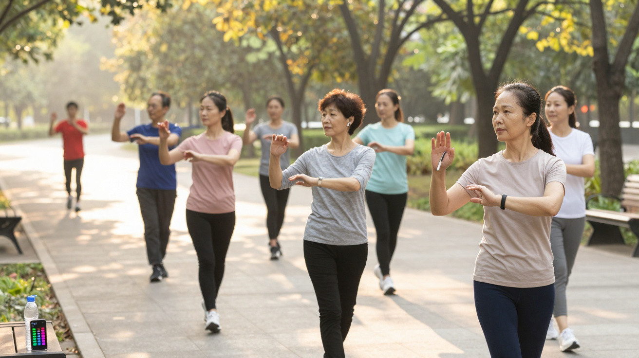 Group of adults practising Tai Chi in a park on a sunny day with trees and benches nearby.