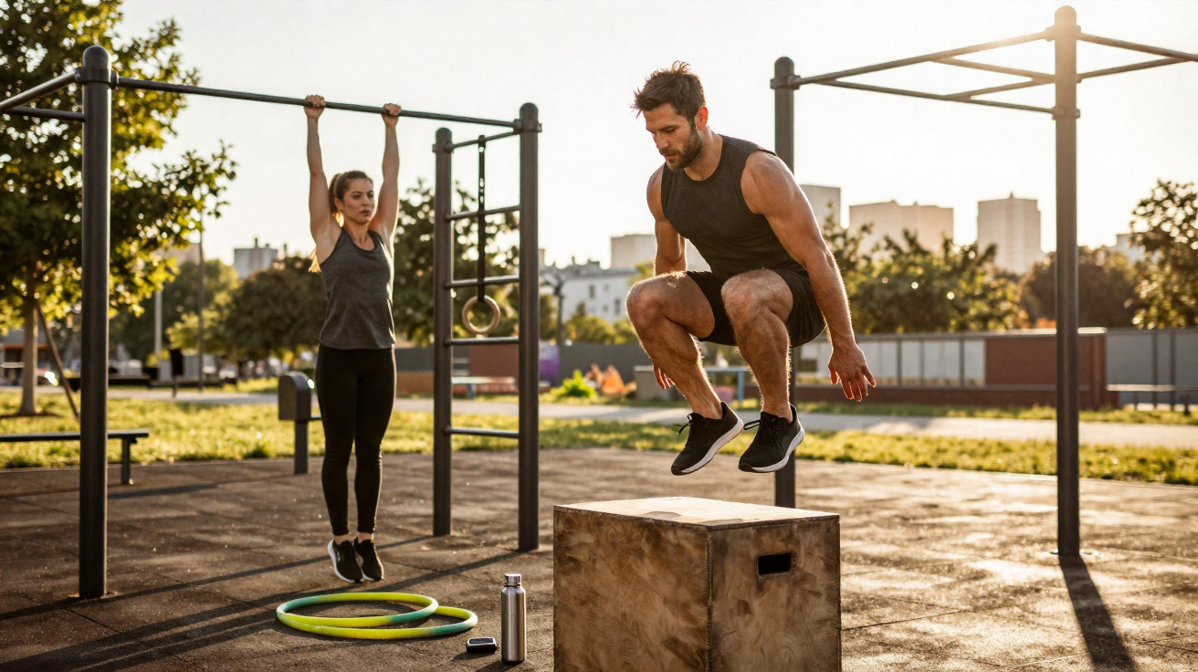 Man jumping onto wooden box and woman hanging from pull-up bar in outdoor workout area at sunset