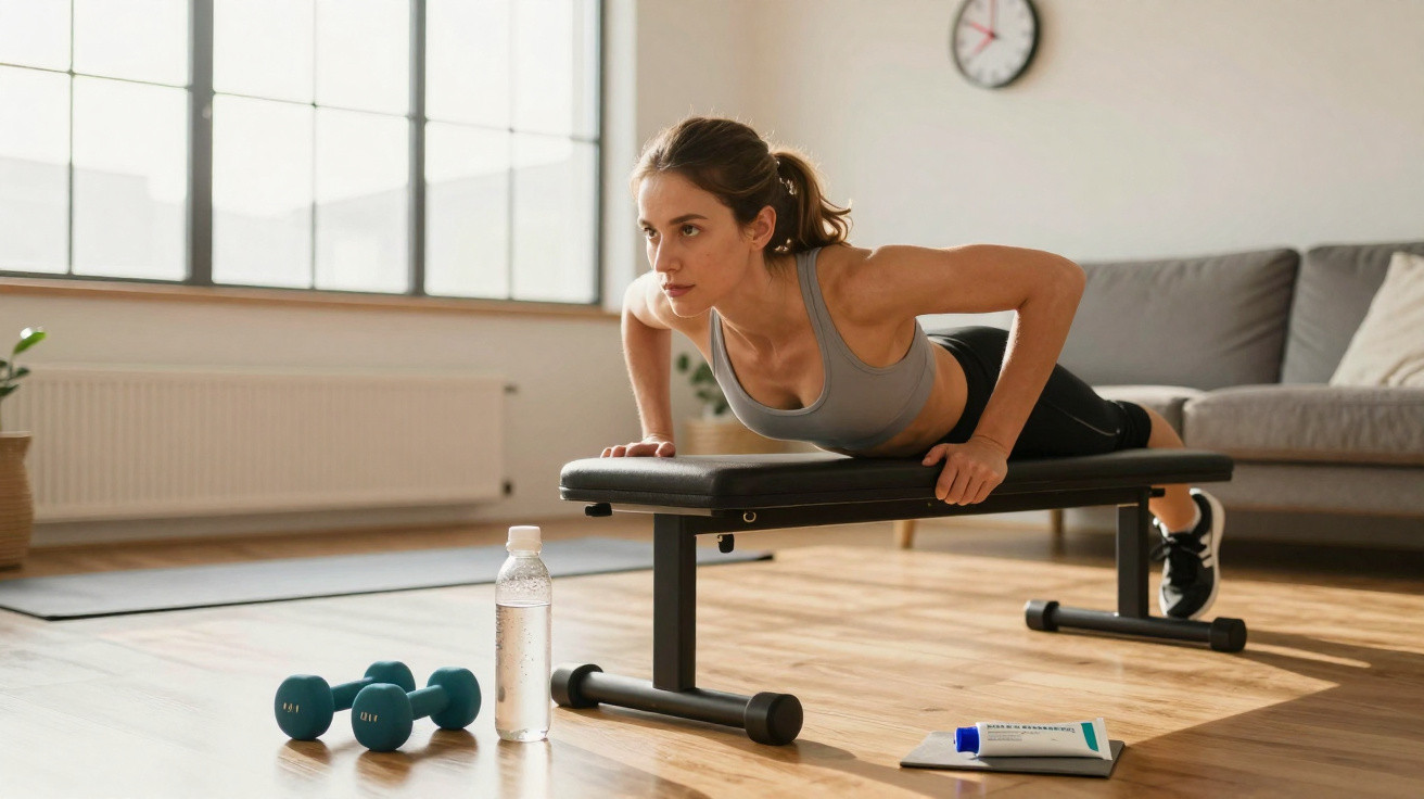 Woman doing incline push-ups on gym bench in a bright room with dumbbells, water bottle, and book nearby.