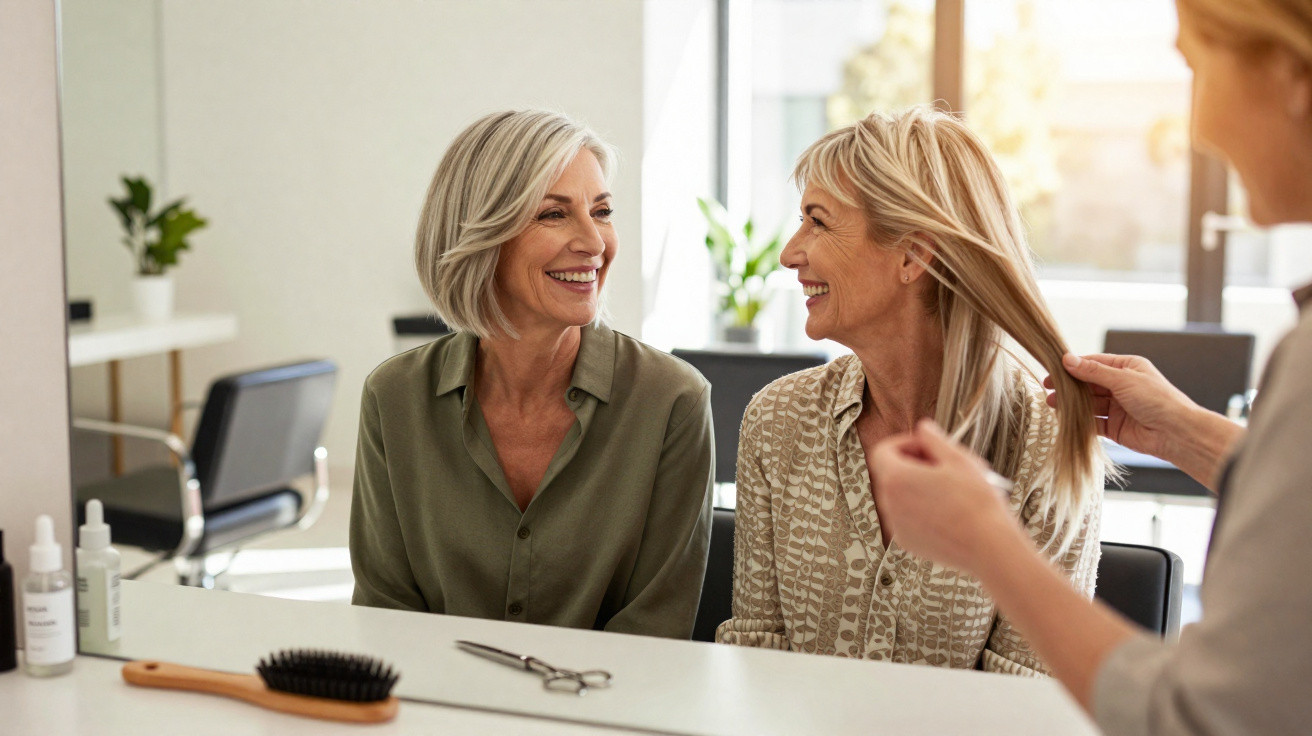 Two smiling middle-aged women sitting in a salon with a hairdresser holding a blonde wig or hairpiece.