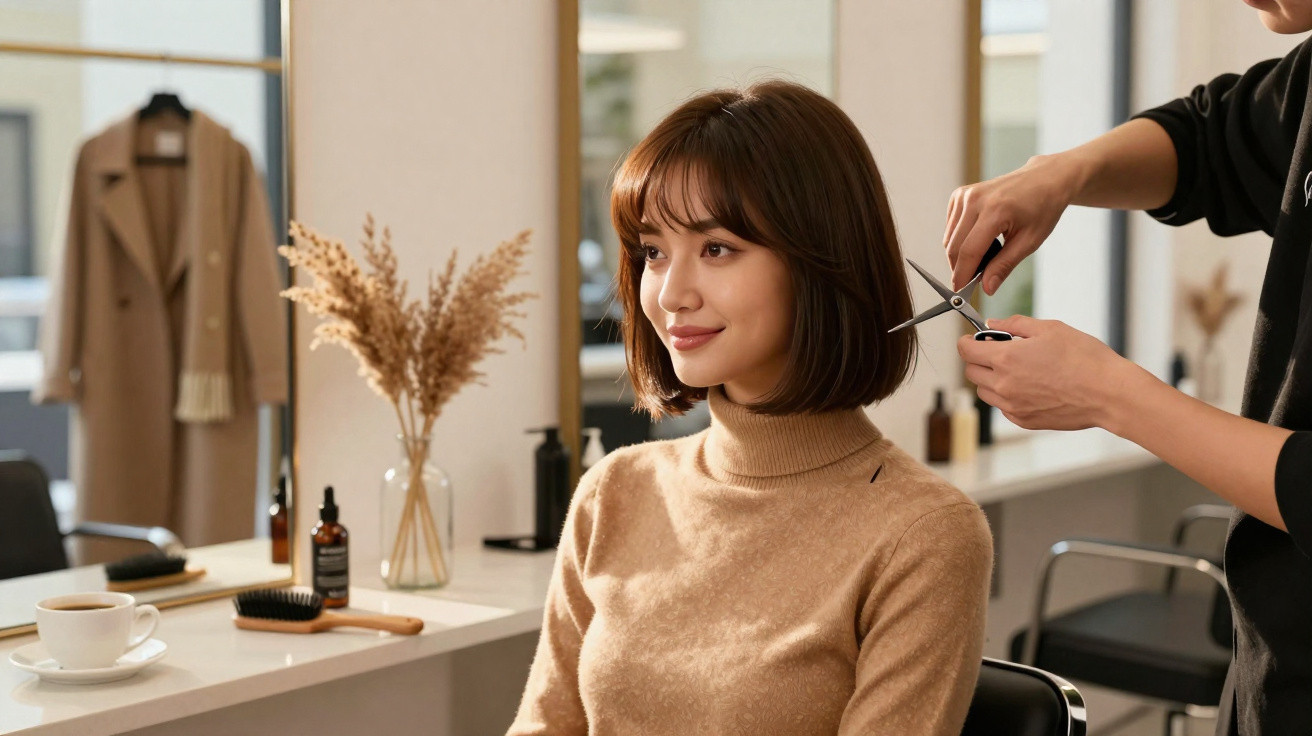 Woman with a bob haircut sitting in a salon chair while a hairdresser trims her hair with scissors.