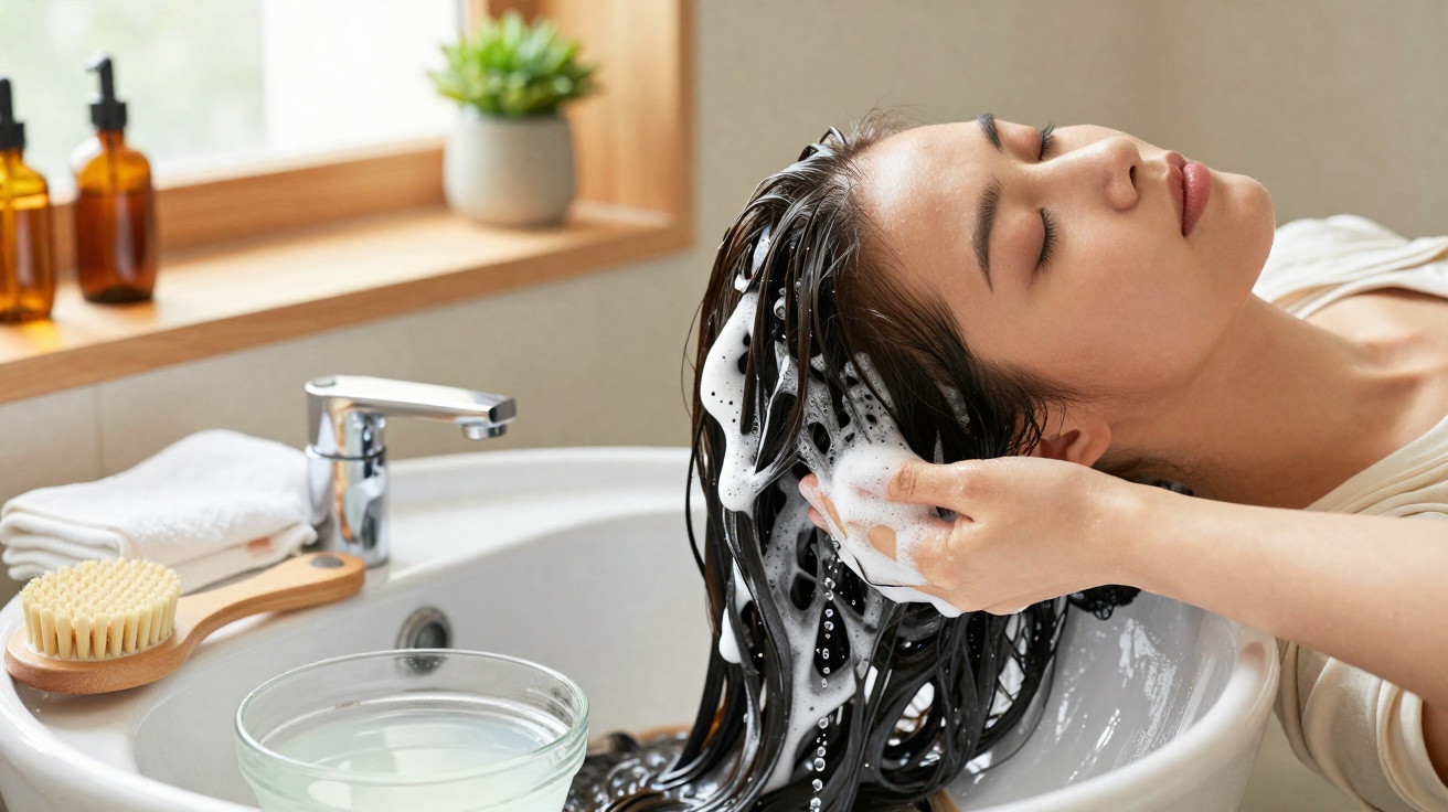 Woman washing her hair with shampoo in a bathroom sink, eyes closed, relaxing during the process.