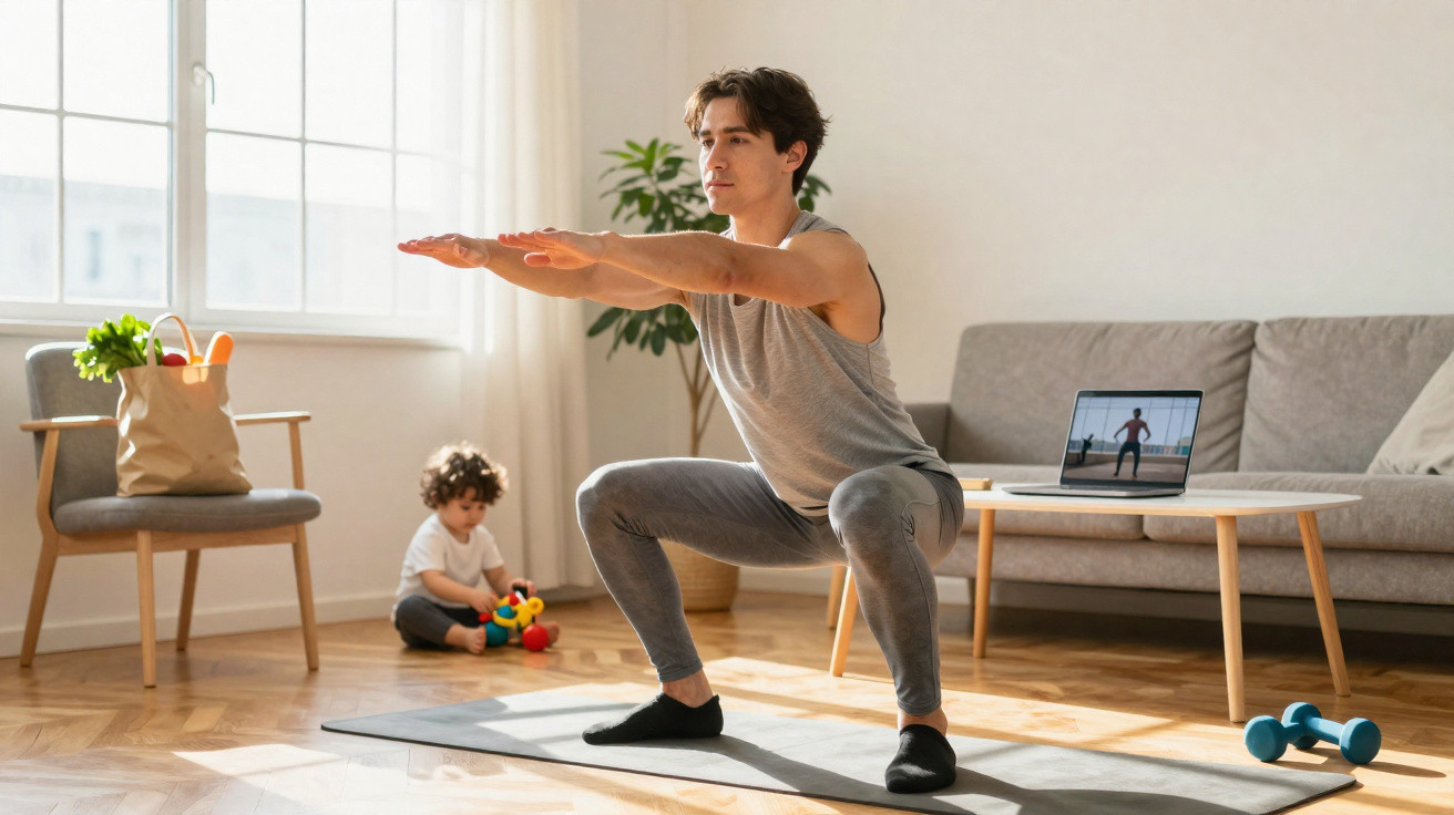 Man exercising with laptop workout video while child plays in bright living room at home