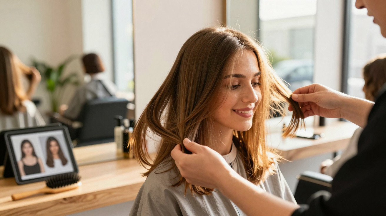 Smiling woman sitting in salon chair while hairstylist adjusts her shoulder-length brown hair.