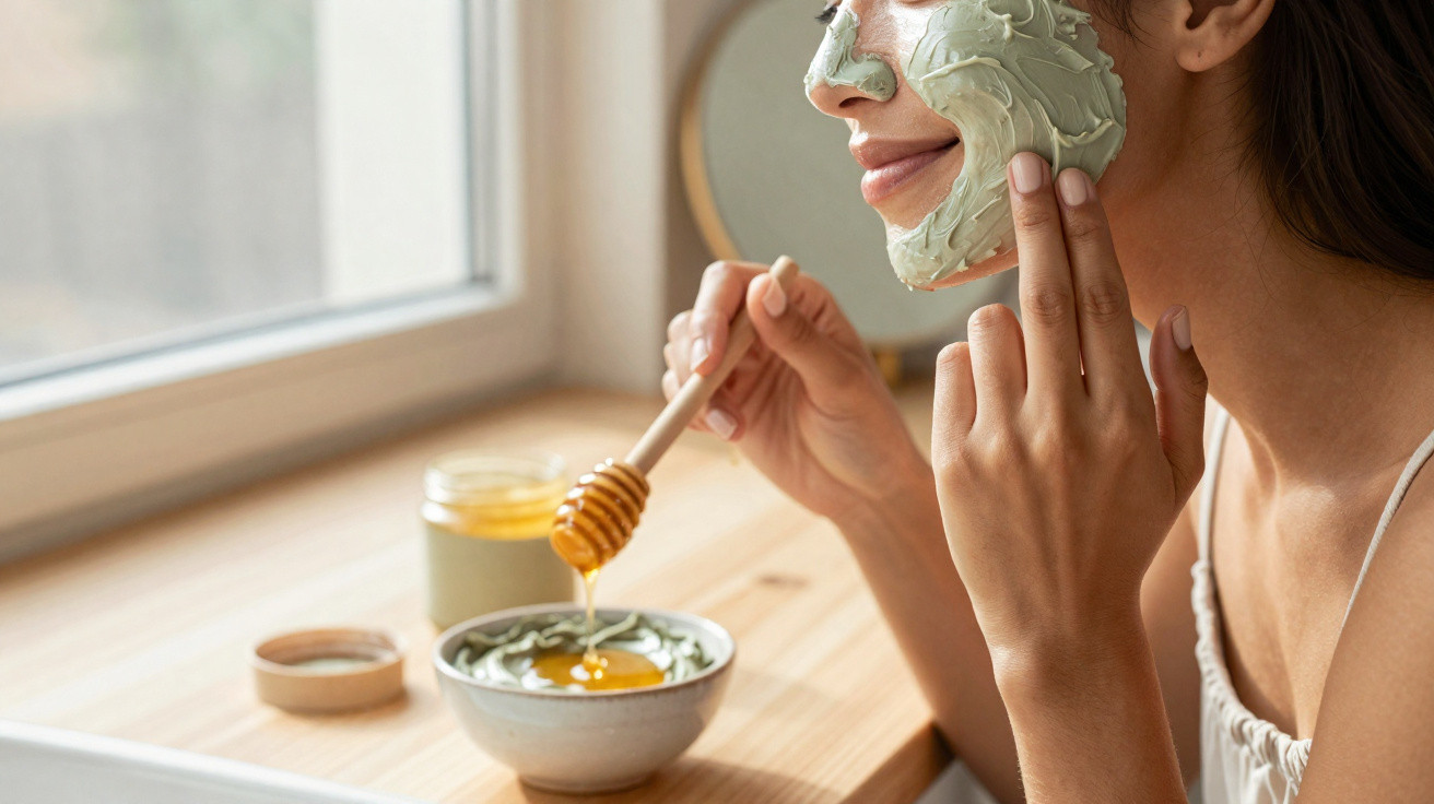 Woman applying green facial mask while dripping honey into a bowl by a sunny window.