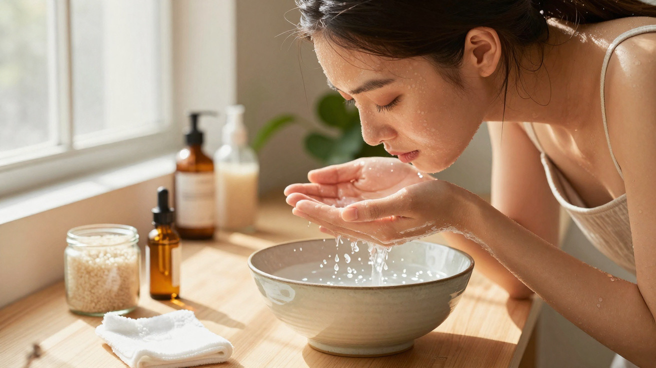 Woman washing her face with water over a ceramic bowl on a wooden countertop near skincare bottles.