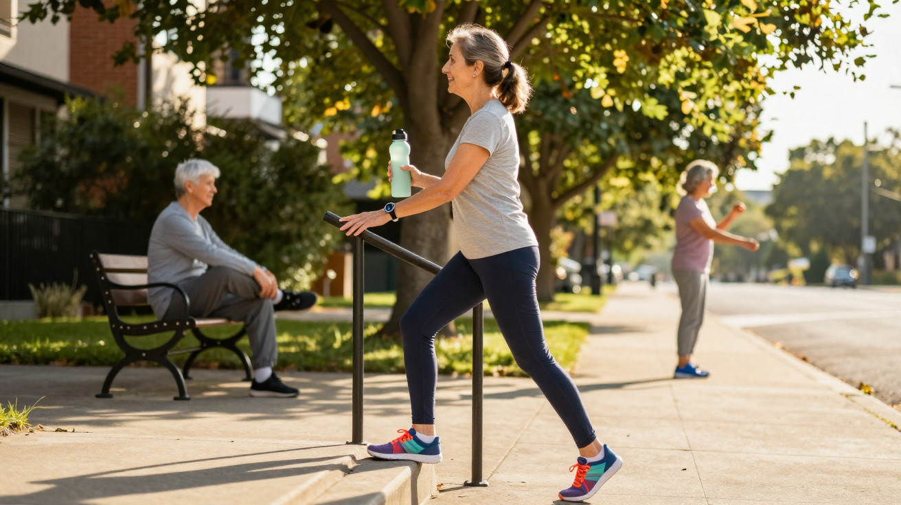 Three elderly people exercising outdoors on a sunny day in a residential neighbourhood.