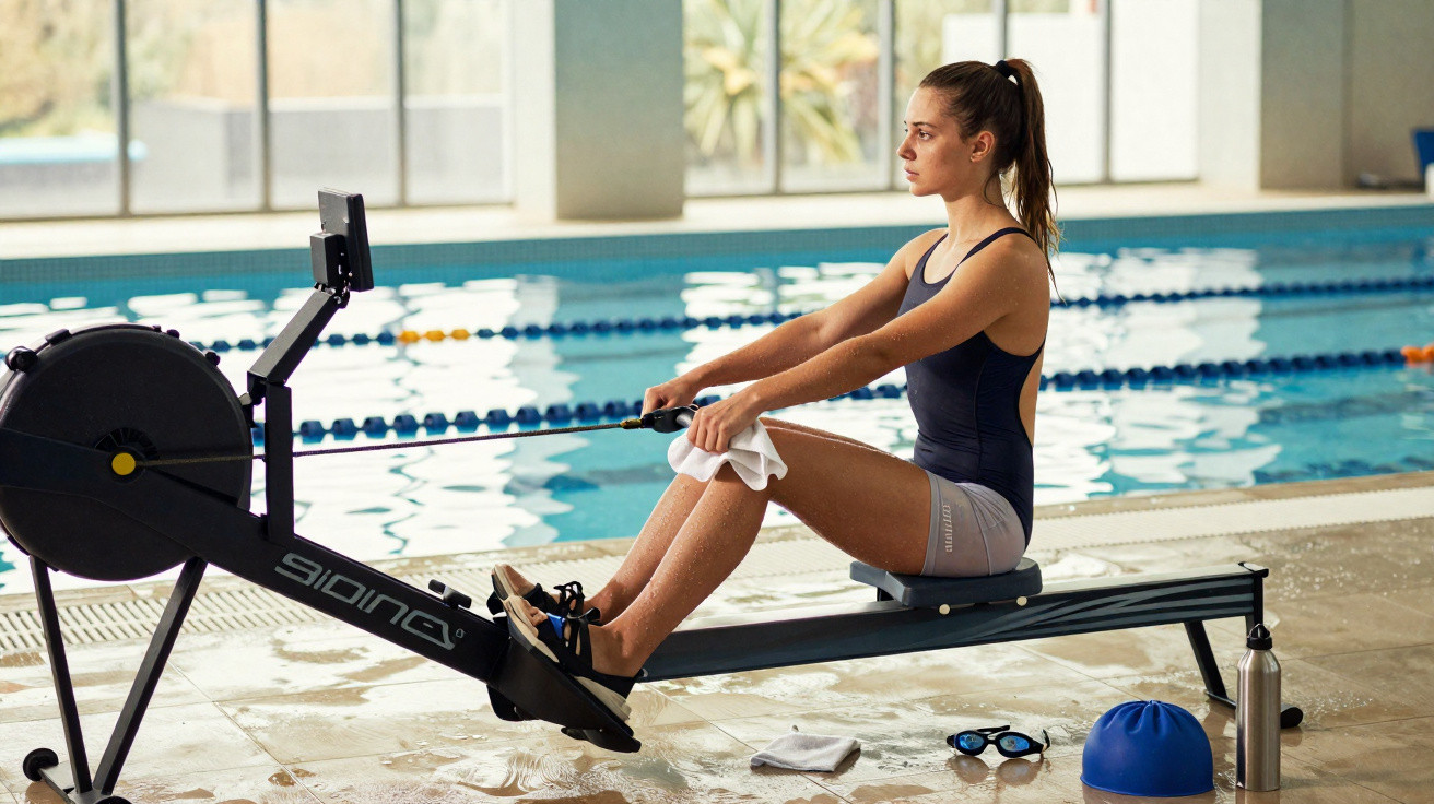 Woman in sportswear using a rowing machine beside an indoor swimming pool.