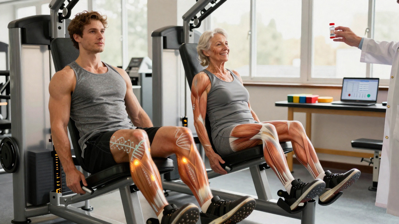 Young man and elderly woman using gym leg exercise machines with muscle anatomy overlay, trainer holding medication.