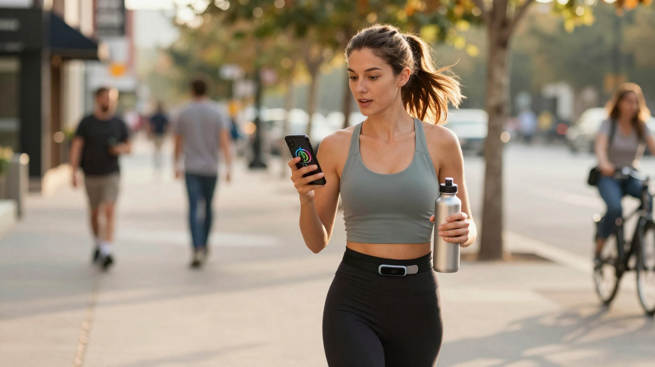 Woman in sportswear holding water bottle and looking at phone while jogging on city street in daylight