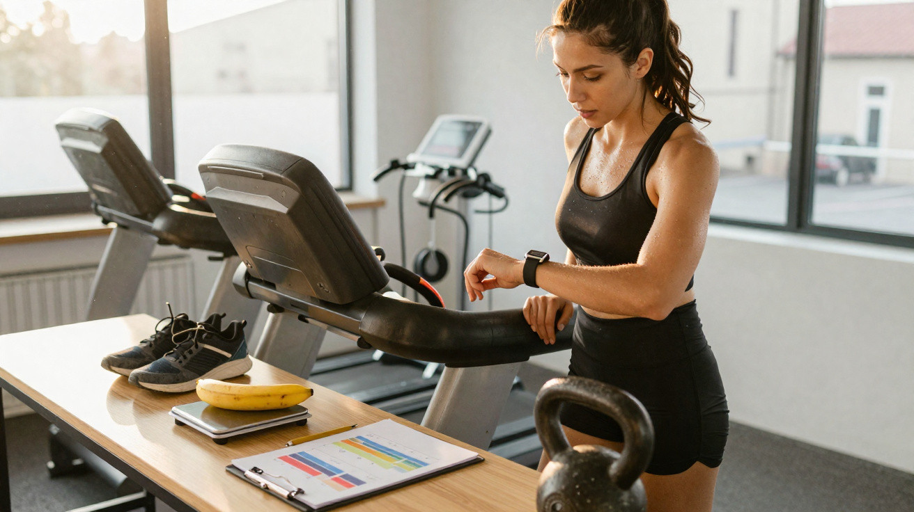 Woman in black workout gear checking smartwatch in gym near treadmill, kettlebell, banana, and running shoes.