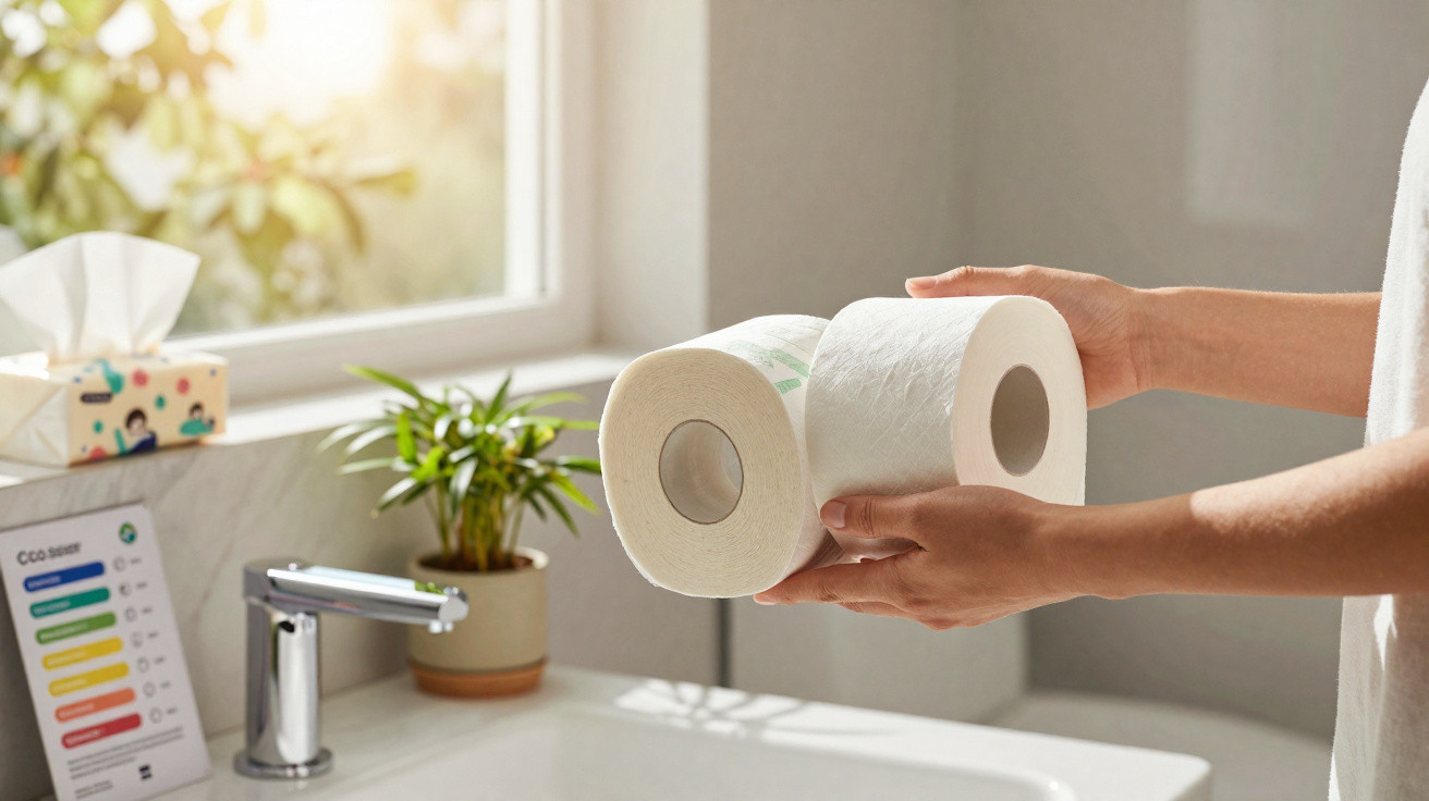 Person holding two rolls of toilet paper in a bright bathroom with a plant and tissue box on the sink counter.