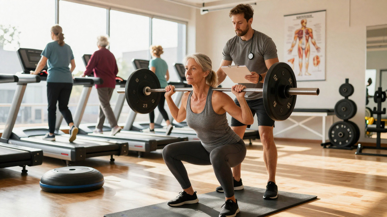 Older woman performing barbell squats with male trainer spotting in a bright gym with others on treadmills.