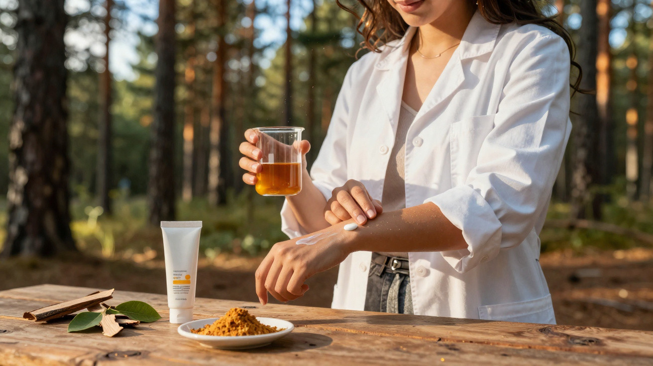 Person in white coat applying cream on arm at wooden table with natural ingredients and forest background.
