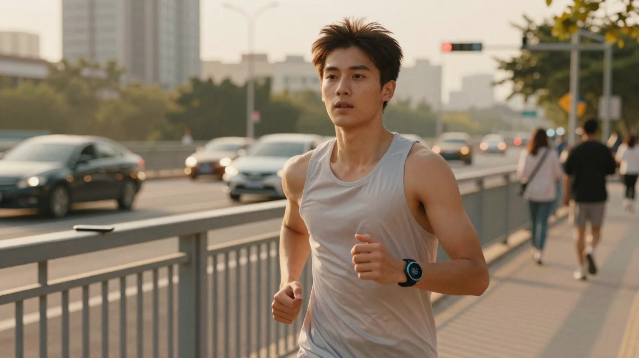 Young man wearing a white tank top and smartwatch jogging on a city sidewalk near a busy road at sunset.