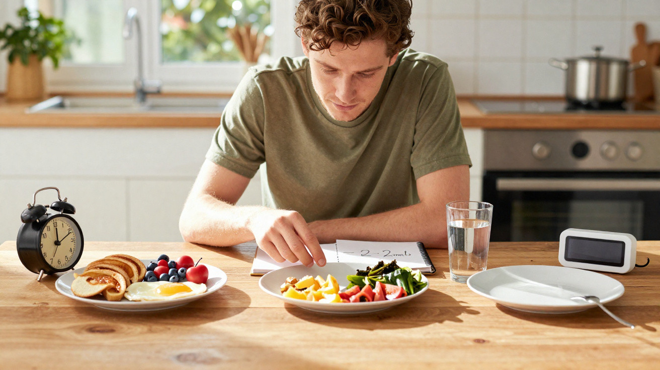Young man reading a meal plan at a kitchen table with plates of breakfast and salad, alarm clock, and glass of water.