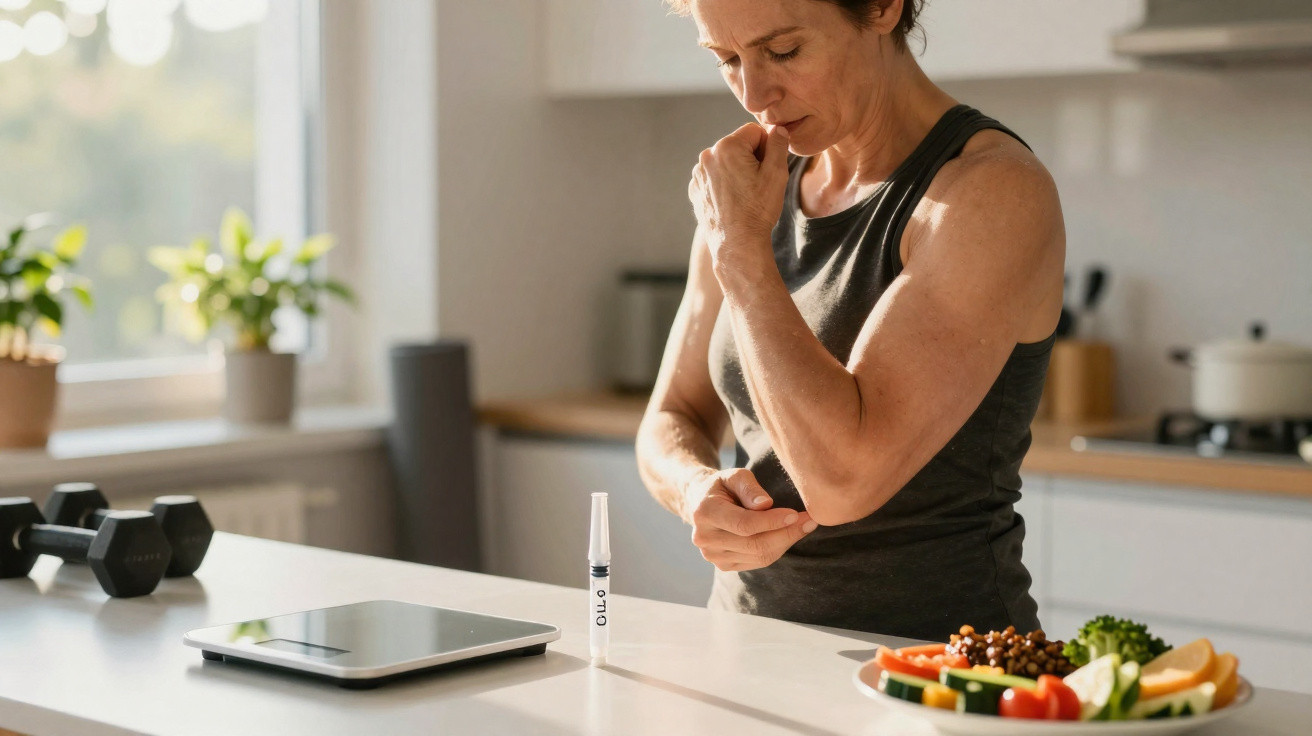 Woman in sportswear checking her arm before using an epinephrine auto-injector on a kitchen counter with food and dumbbells.