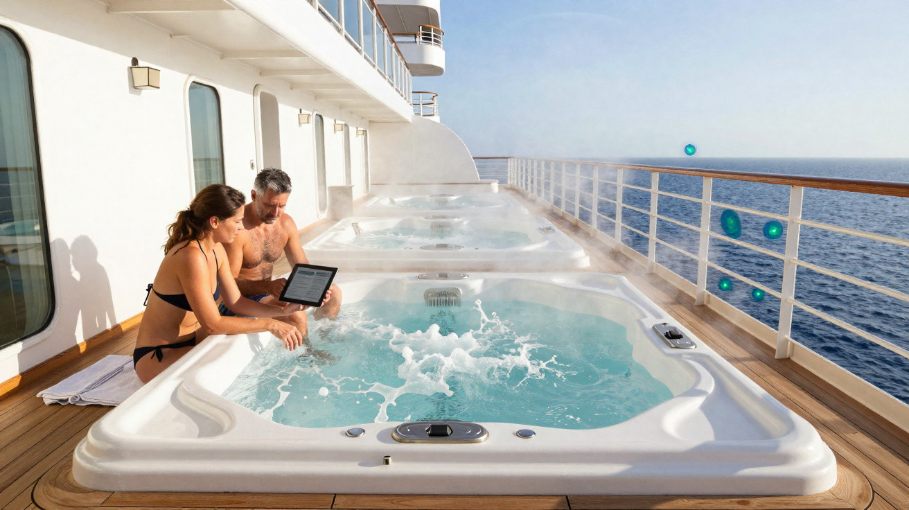 Couple sitting by a bubbling hot tub on a ship deck, looking at a tablet, with ocean views.
