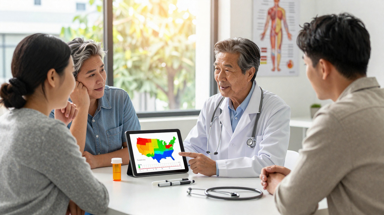 Doctor explaining a colour-coded weather or climate map of the United States to a family in a medical office.