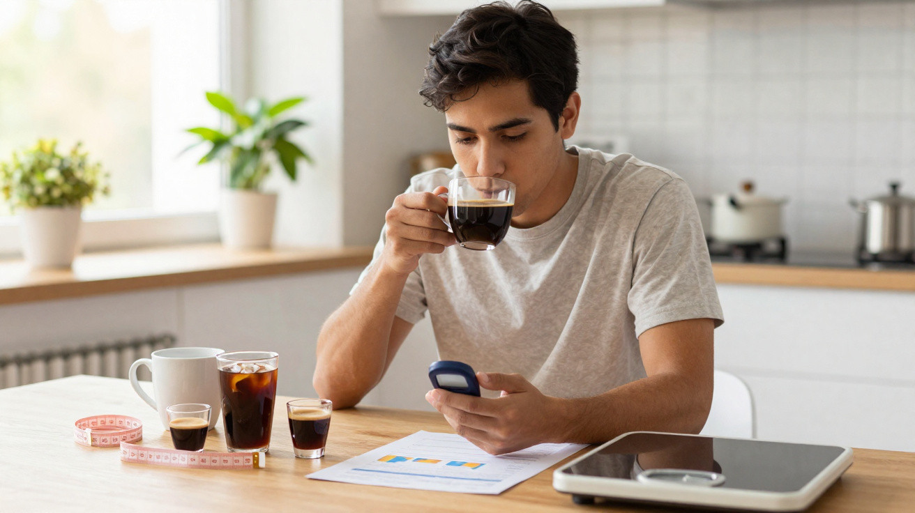 Young man drinking coffee while checking a glucose meter and reviewing health charts at home kitchen table.