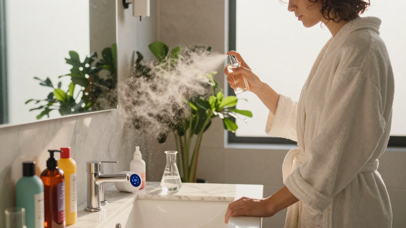 Person in white bathrobe spraying facial mist in bright bathroom with plants and toiletries on sink counter.