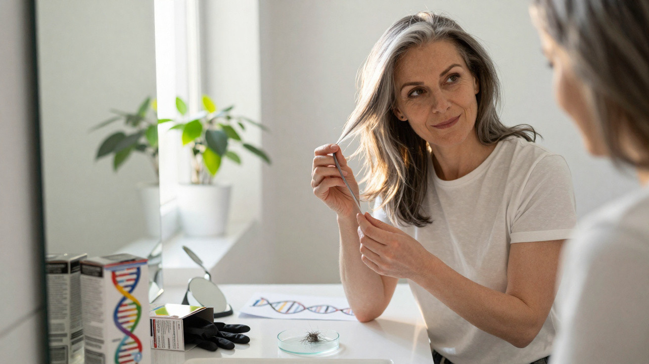 Woman examining a strand of grey hair with DNA-related items on a desk by a bright window